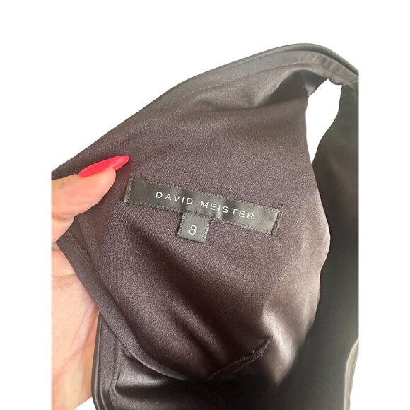 DAVID MEISTER Black Satin One Shoulder Cocktail Dress Size 8 - Picture 3 of 11